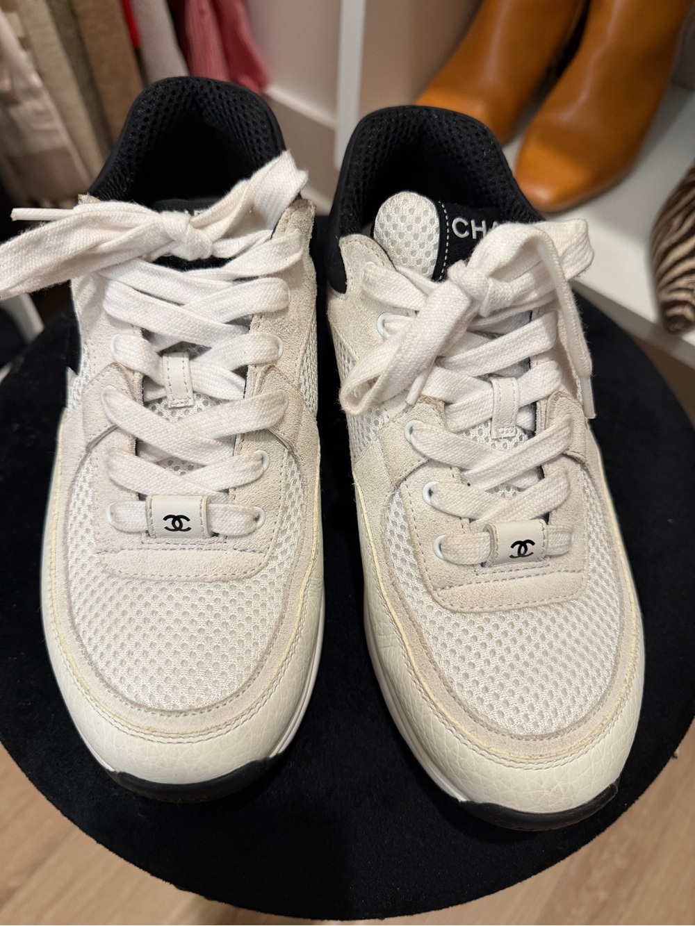 CHANEL Cream & Black Leather Chanel CC Logo Sneakers - Picture 7 of 14